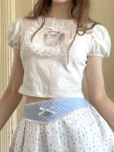 White Cropped Tee with Sweetheart Applique & Cat Print