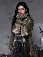 Vintage Street Punk Green Denim Crop Jacket with Faux Fur Collar & Buckle Straps