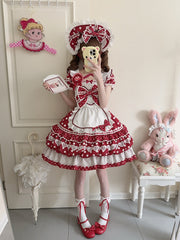 White Polka Dots Red Square Neckline Lolita Short Sleeves Dress with Apron