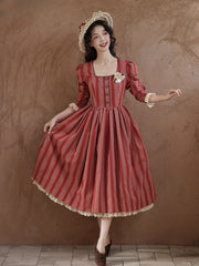 Red Vintage Striped Pattern Lace Trim Square Neckline Dress