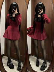 Wine Red Jirai Kei Full Set - Cross Embroidery Bowknot Dress + Shorts