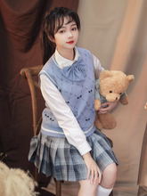 Blue Diamond Pattern Preppy Knit Vest with Bow and Teddy Bear Print