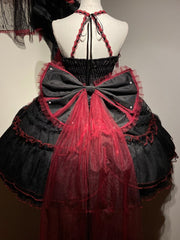 Black & Red Ruffled Layers Gothic Lolita Dress with Lace Trim and Bow Accents Soft & Curve-Friendly Styles