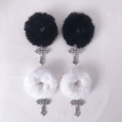 White/Black Fluffy Hair Ties with Cross Charms