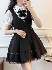 Jirai Kei Set - White Puff Sleeves Blouse + Black Cross Lace Trim Overall Dress