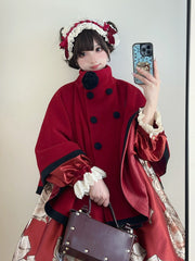 Wine Red Christmas High Neck Winter Cape Coat
