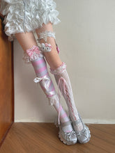 White & Pink Striped Overknee Stockings/Pink Lace Ruffle Underknee Stockings/White Lace Self-tie Straps Socks/Leg Loop