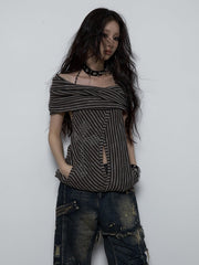 Punk Cross Gray Striped Off-the-shoulder Neckline Top