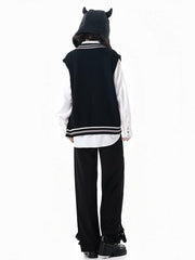 Gothic Academia Black Knit Vest with Buckle Strap and Cross Chain Accents