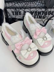 White and Pink Sweet Lolita Platform Mid Heels - Fleece-Lined with Bow Accents & Heart Details