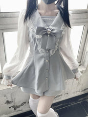 Fresh Light Blue Sailor Set: Jirai Kei Mesh-Sleeve Mini Dress with Shorts and Detachable Bow