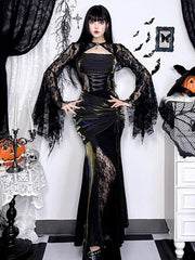 Halloween Gothic Black Slip Mermaid Dress with Metallic Satin & Crisscross Lacing