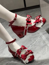 Wine Red Bow at Top Heart Cut-out Heels Mary Janes