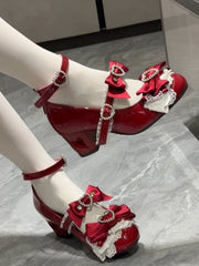 Wine Red Bow at Top Heart Cut-out Heels Mary Janes