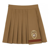 Clearance-Size M for Waist 68CM Badge Embroidery Brown Preppy Pleated Skirt