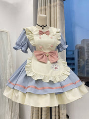 Blue and Pink Sweet Maid Lolita Kitty Paw Embroidery Apron Dress