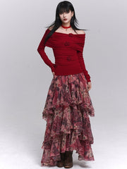 Red Christmas Off-the-shoulder Neckline Long Sleeves Top with Floral Design