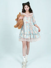 Cats Print Blue Illusion Neckline Nightgown