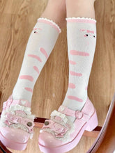 Pink Kitty Print Bowknot Pattern White Lolita Calf Socks