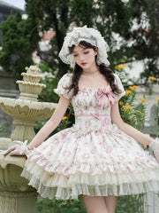 Rosette Print Elastic Square Neckline Short Version Classic Lolita OP Full Set