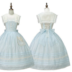 Light Blue Sailor Lolita Overall Dress with Lace Trim and Pocket Accent