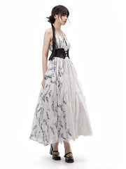 White & Black Tulip Pattern Elegant Classic Lolita Dress+Cropped Top+Corset Belt+Hairrband Full Set