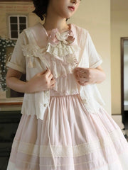 Beige Short-sleeved Perforated Knitted Lolita Cardigan with Scalloped Edge Trim