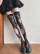 White/Gray/Black Gothic Asymmetrical Design Cut-out Details Overknee Stockings