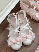 White Bow at Top Crisscross Design Heart Buckles Lace Trim Platforms