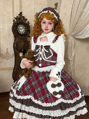 Plush Neckline Red Plaid Winter Lolita Dress with Bear and Heart Appliques
