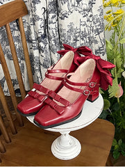 Wine Red Elegant Lolita Square Toe 6.5cm High Block Heels - Dual Buckles & Bow Accents