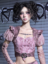 Y2K Pastel Punk Pink Denim Shrug with Detachable Glitter Puff Sleeves & Rhinestone Lettering