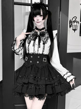 White Jirai Kei Lace Trim Bell Sleeves Blouse + Black Multi-Layer Lace High-Waist Skirt + Bow Tie Set