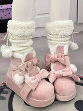 Pink Sweet Lolita Winter Platform Boots - Pompon Charm, Bow Accents & Cozy Fleece Lining