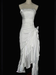 White Vintage Floral Wedding Dress Asymmetrical Hem Prom Gown