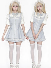 Jirai Kei Gothic Light Blue Dress & Shorts Set Featuring a Bib Bow Tie & Lace-Up Details