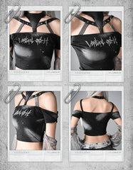 Y3K Fashion Futuristic Black Halter Neck Cyberpunk Cropped Top with Detachable Sleeves