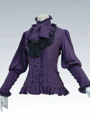 Victorian Bustle Historical Costume - Purple Shirt + Black Boned Waistcoat +Skirt+Black Lace Tie