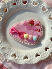 Pink Strawberry Cake Applique Pompon And Polka-dot Pattern Bowknot Decorated Ruffles Trim Brooch