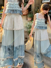 Blue Colorblock Design Tassel Hem Shell Charm Wide-Leg Holiday Pants