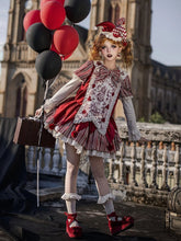 Red Stripes Clowncore Lolita Dress Set - Juliette Sleeves OP + Detachable Printed Panel + Bow + KC + Waist Belt