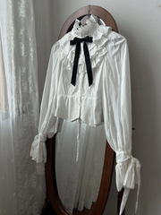 White Ruffled High Neck Self-tie Bow Long Sleeves Shirt