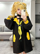 Black Long Top Jirai Kei Inspired with Bold Yellow Sailor Collar and Cross Halter Design