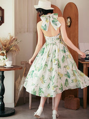 Green Lemon Print Retro Fashion Backless Dress Big Bow Back Halter Neck