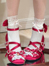 Wine Red Sweet Lolita Beaded Decorated Bowknot Details High Block Heels Mary Janes