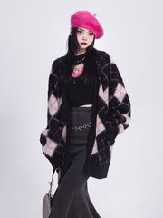 Vintage Black V-Neck Cardigan Faux Mink Knit/Brushed Version & Diamond Pattern