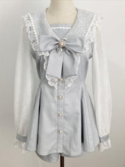 Fresh Light Blue Sailor Set: Jirai Kei Mesh-Sleeve Mini Dress with Shorts and Detachable Bow