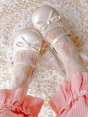 White Flat Mary Jane Shoes in Sweet Lolita - Round Toe, Knotted Bow Accent & Lace Trim