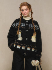 Yellow/Black/Pink Vintage Snowman Jacquard Knit Cardigan - Button-Front Kawaii Charm