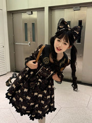Black Sweet Lolita Dress with Cute Tiger Print and Ruffled Hem